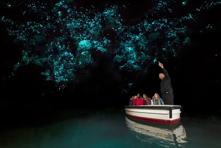 A group of people on a boat with a guide pointing upwards at a glowing, starry, blue and teal-lit cavern ceiling, reflecting in the water.