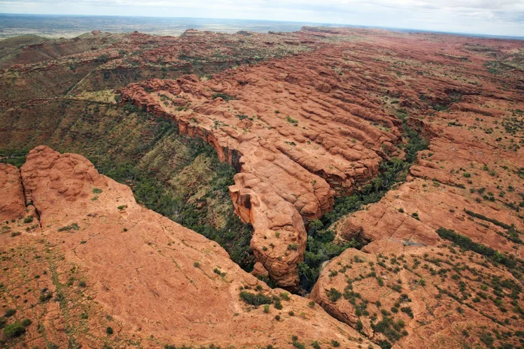 A vast red rock canyon with layered formations and sparse green vegetation, viewed from above.