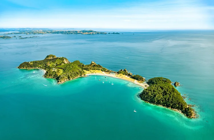 Aerial view of Motuarohia Island, Bay of Islands, North Island, New Zealand, Oceania