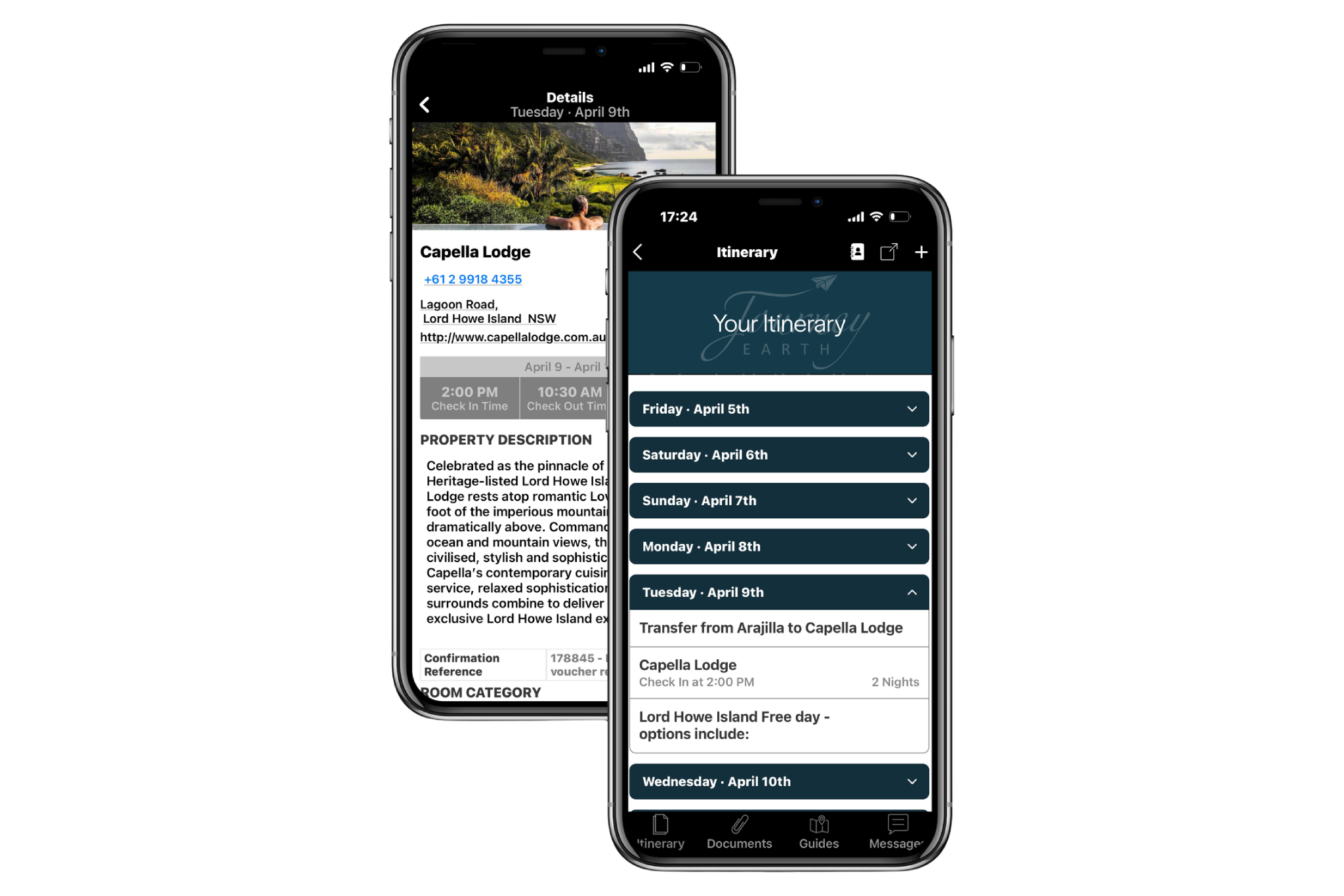 Two smartphone screens showing travel itinerary details for a trip to Lord Howe Island, including accommodation at Capella Lodge and scheduled transfer and stay dates in April.