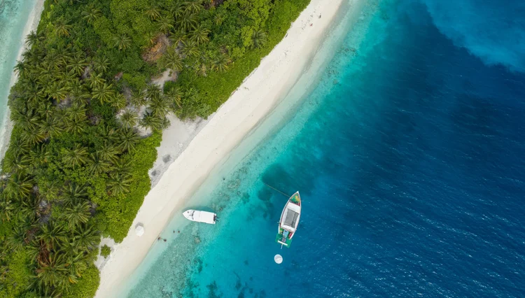 Aerial view of a tropical beach with lush green palm trees and vegetation, a white sandy shoreline, and a deep blue ocean with boats anchored near the shore.