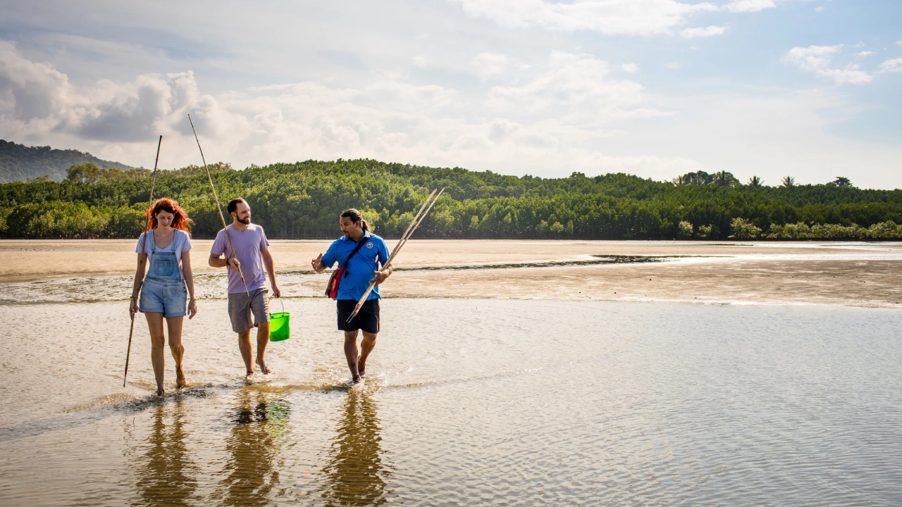 Three people wade through shallow beach water in the Daintree Rainforest area of Queensland, Australia, carrying spears and a bucket, heading toward a tree-lined shore under a partly cloudy sky.