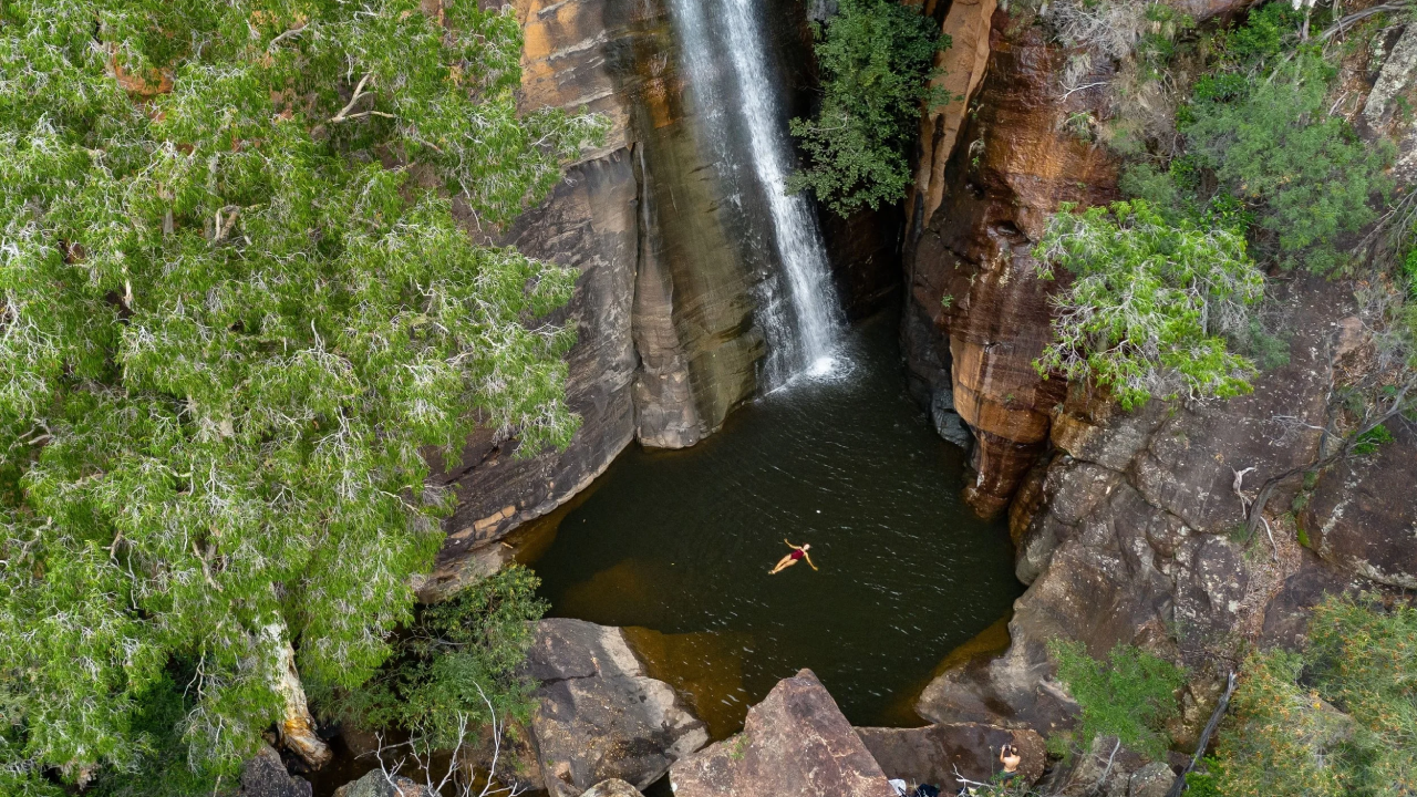 A high-angle view of a secluded waterfall in El Questro Wilderness Park, Australia, with one person swimming and another sitting on a rock; rocky cliffs and lush greenery, including a large leafy tree, surround the natural oasis