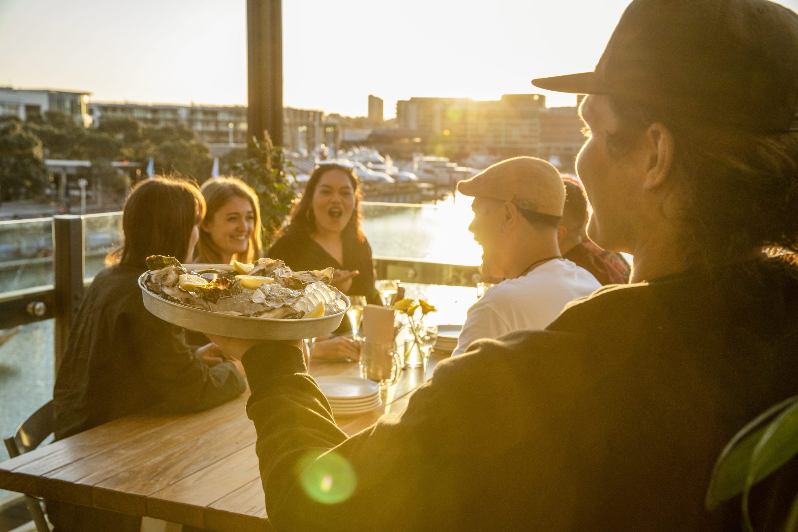 A group of friends enjoys a delicious meal, featuring fresh oysters, near Viaduct Harbour, Auckland 