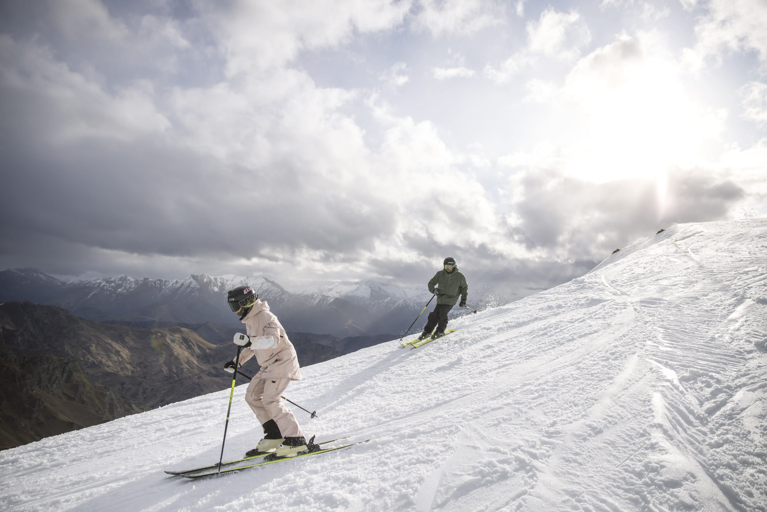 Skiers descend Coronet Peak, Queenstown