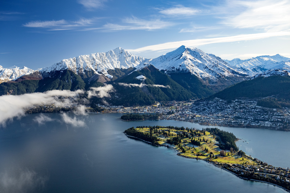 Aerial view of Lake Wakatipu and the town of Queenstown, New Zealand