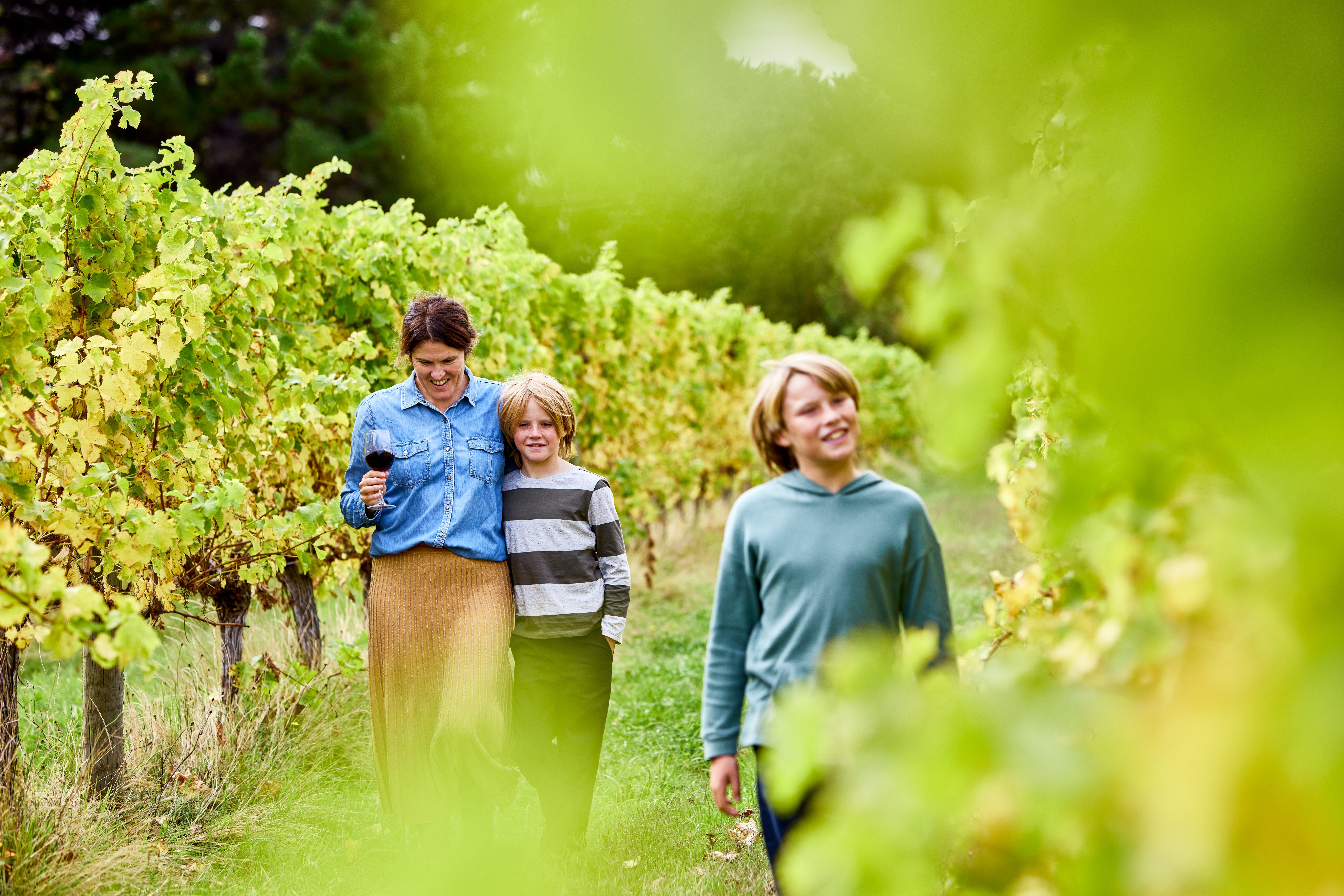 Two twin boys and their mother tour through a beautiful vineyard in Victoria.