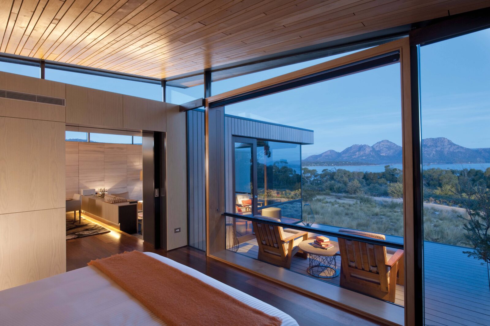 View of the private pavilion at Saffire Freycinet, an award-winning, all-inclusive luxury coastal sanctuary located in Coles Bay, Tasmania, overlooking the Hazards mountains and Great Oyster Bay.