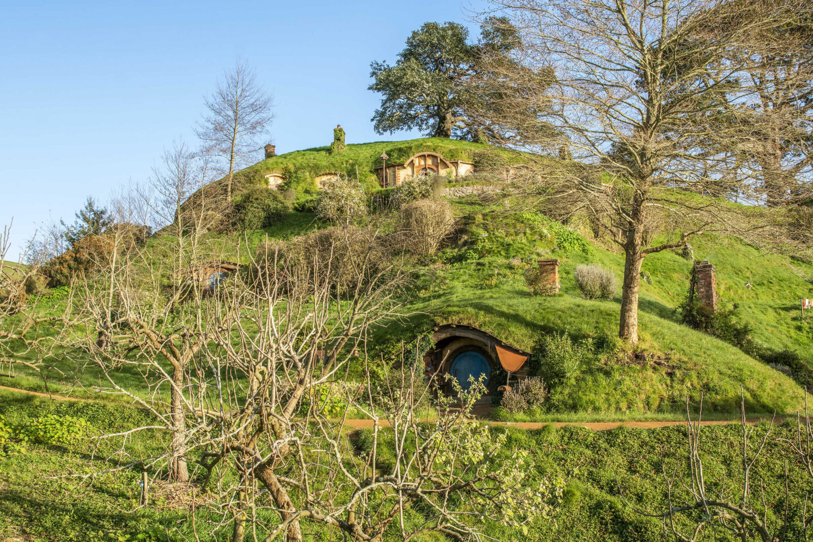 The Hobbiton movie set from The Lord of the Rings and The Hobbit movie trilogies was permanently constructed on rolling farmland near Matamata, a two-hour scenic drive from Auckland.
