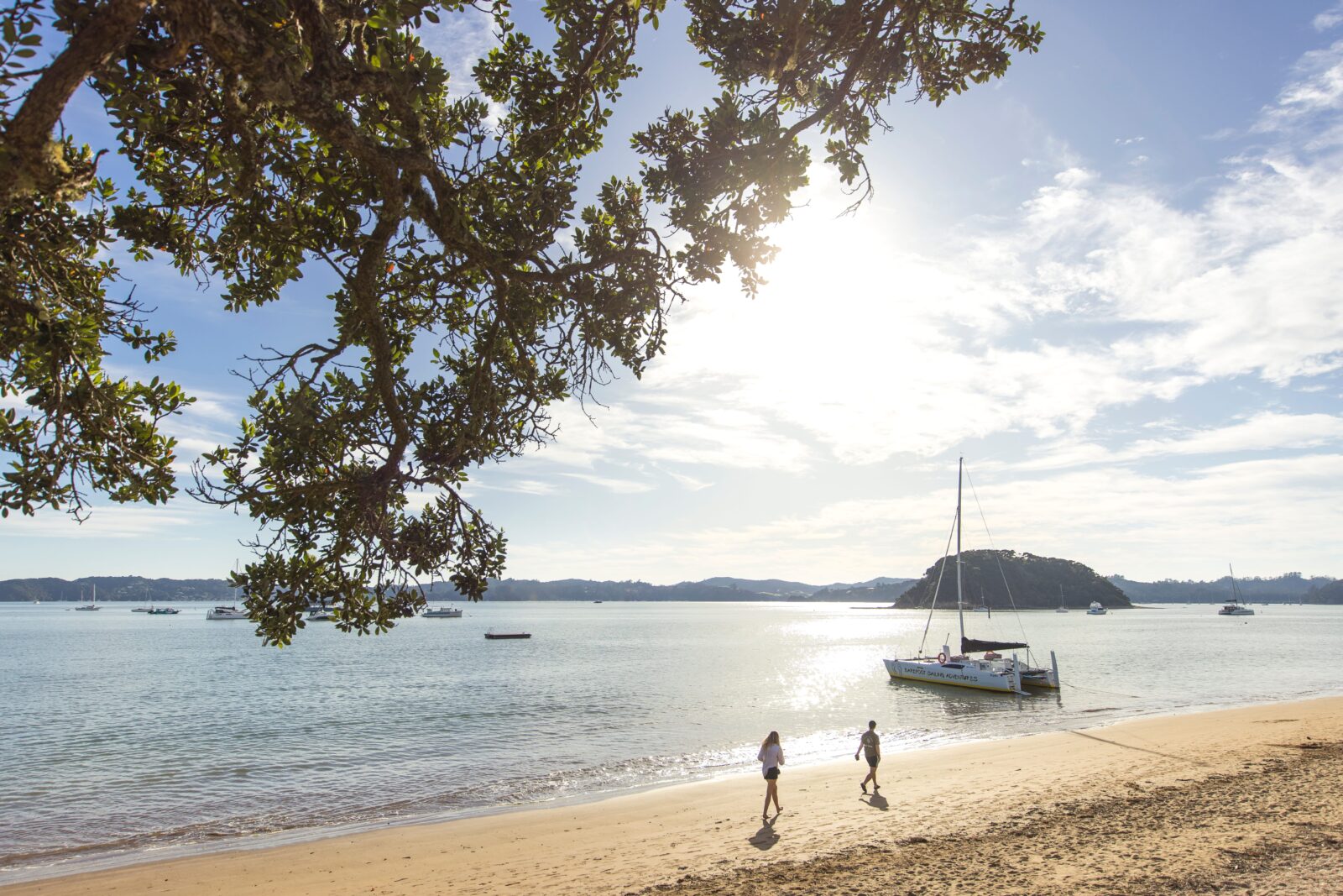 Two visitors admiring the carved wooden prow of a traditional Māori waka (canoe) at the Waitangi Treaty Grounds, with the bay in the background.