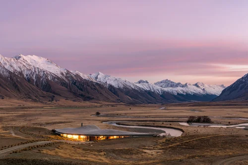 Aerial view of the Lindis Lodge, Ahuriri Valley, South Island at dusk.