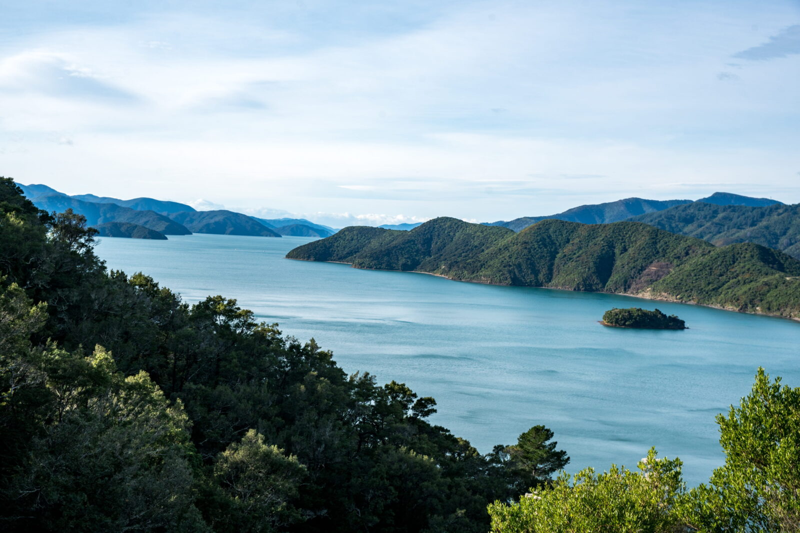 Scenery of the bays and coves in the Marlborough Sounds with some atmospheric cloud