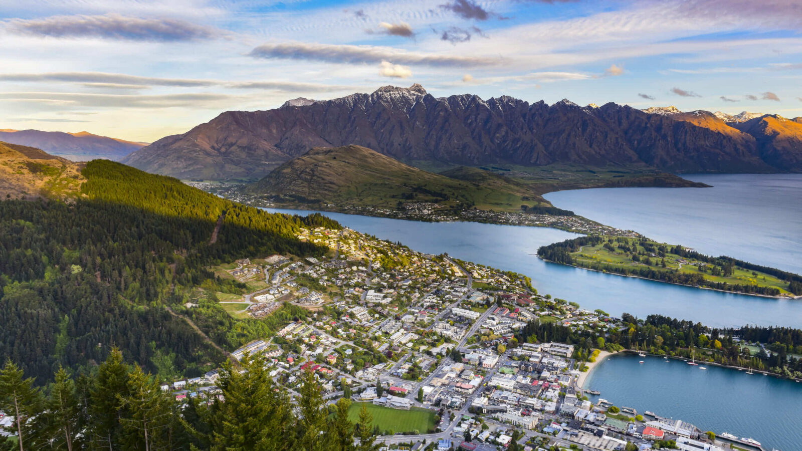 Aerial view of Queenstown at twilight.