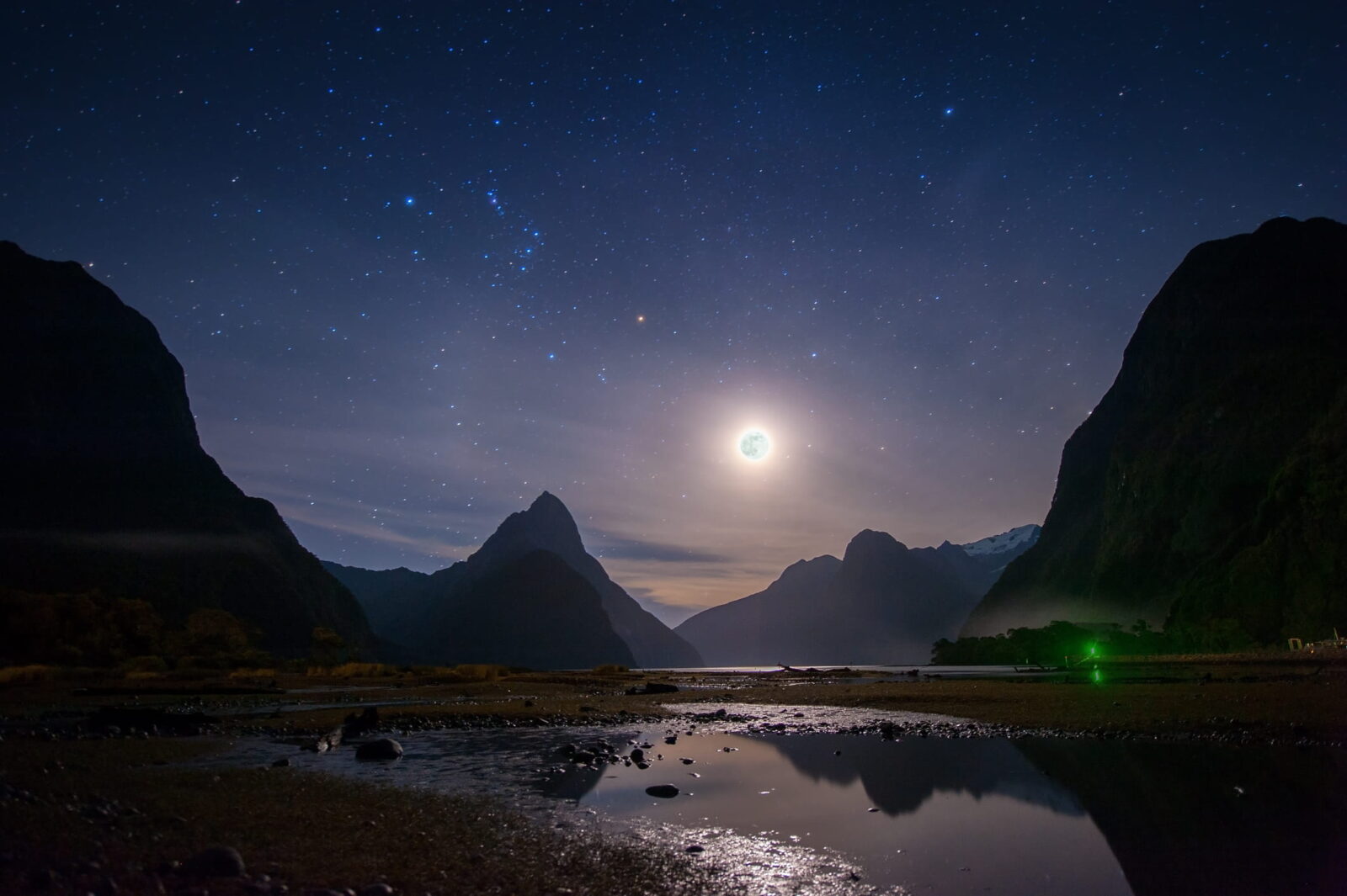 Milford Sound, South Island, New Zealand at night.